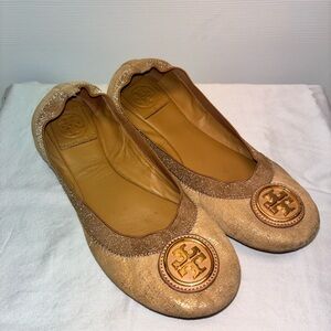 Tory Burch Caroline Ballet Flats – Metallic Gold / Tan Suede